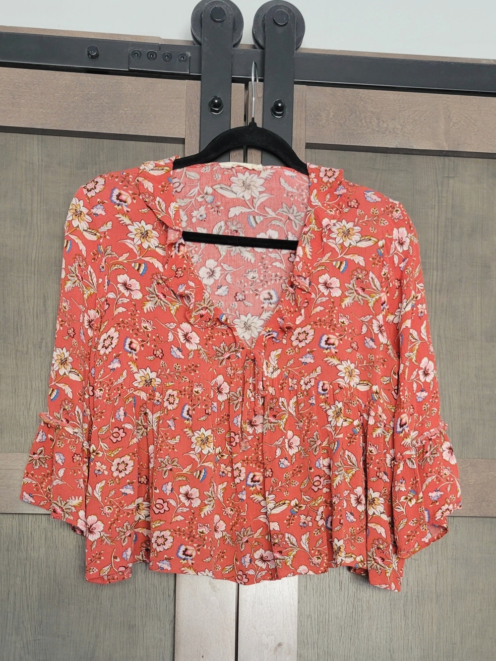 Altr'd State Feminine Boho Floral Ruffle Tie-Front Blouse in Coral